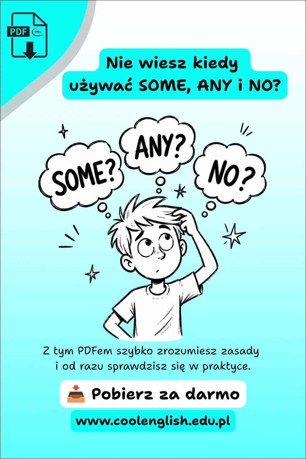 Szkicowany chłopiec zastanawia się, kiedy użyć SOME, ANY i NO. Nad jego głową znajdują się chmurki z napisami „SOME?”, „ANY?” i „NO?”, a grafika promuje darmowy PDF z teorią, ćwiczeniami i kluczem odpowiedzi.