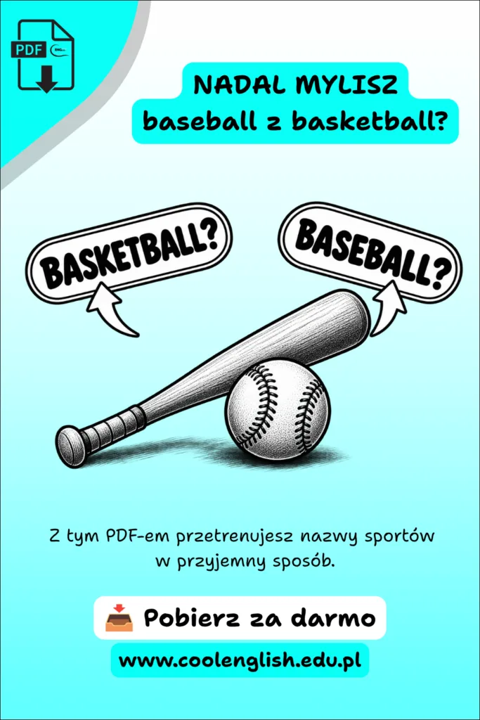 Grafika do darmowego PDF o sportach po angielsku – kij i piłka baseballowa oraz wybór między „basketball” a „baseball”.