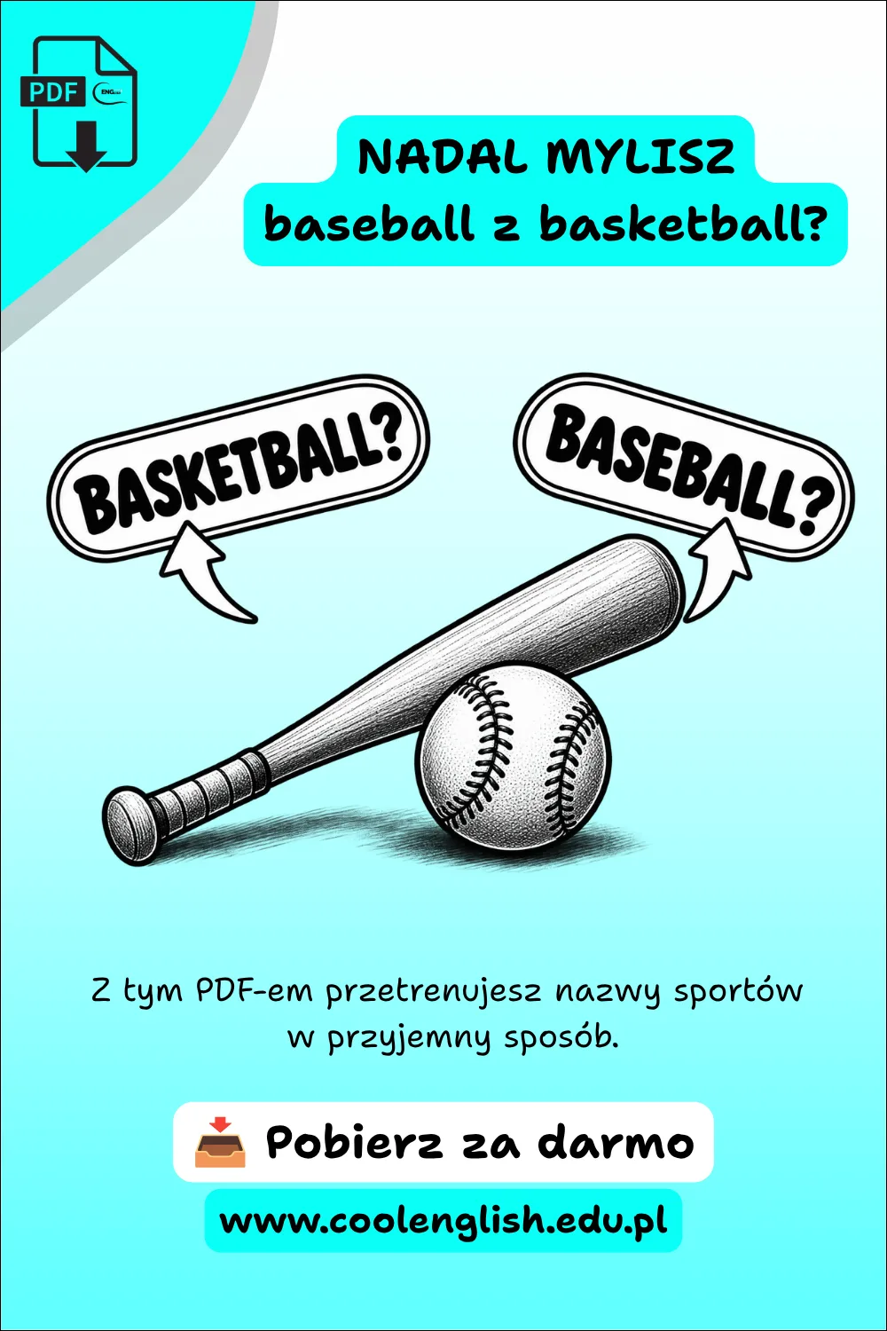 Grafika do darmowego PDF o sportach po angielsku – kij i piłka baseballowa oraz wybór między „basketball” a „baseball”.