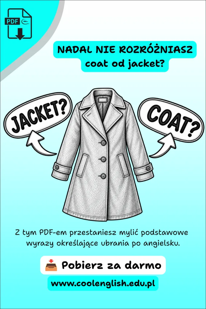 Szkicowany płaszcz z napisami „jacket?” i „coat?” – darmowy PDF o ubraniach po angielsku.