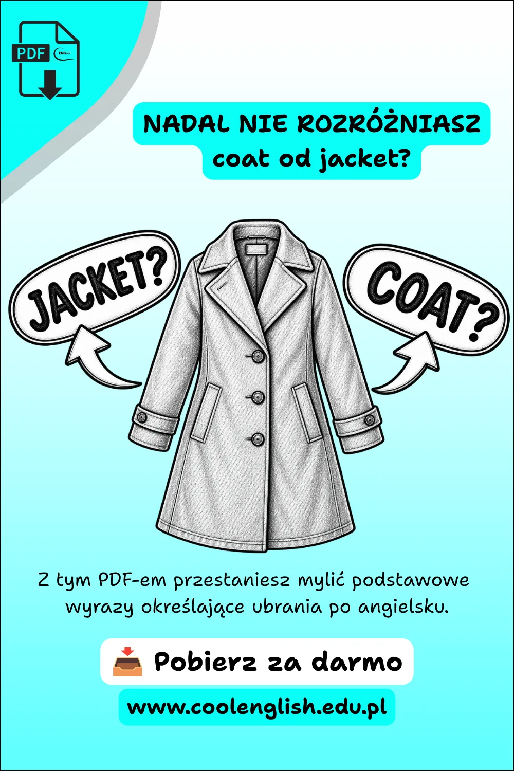 Szkicowany płaszcz z napisami „jacket?” i „coat?” – darmowy PDF o ubraniach po angielsku.