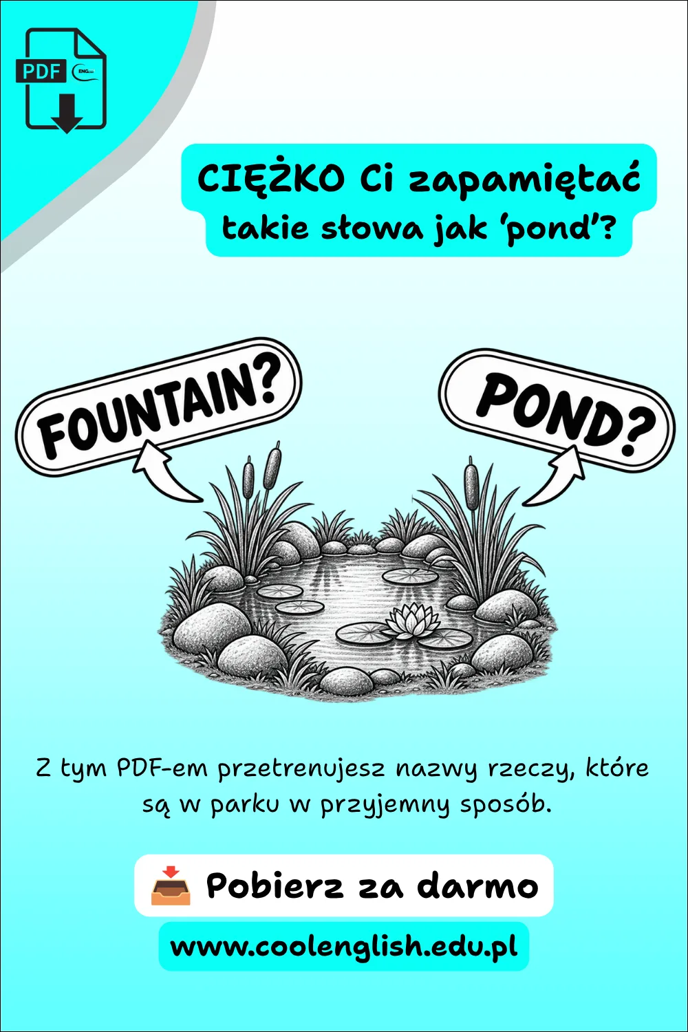 Szkicowany staw z napisami „fountain?” i „pond?” – darmowy PDF do nauki słownictwa związanego z parkiem po angielsku