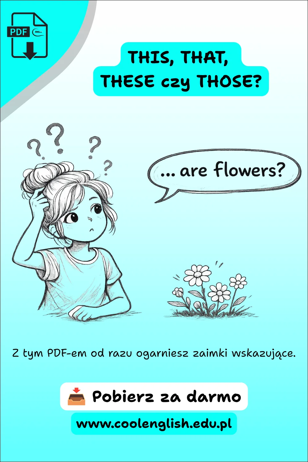 Szkicowana dziewczynka zastanawia się nad użyciem zaimków wskazujących THIS, THAT, THESE i THOSE. Obok znajduje się dymek „... are flowers?” oraz informacja o darmowym PDF-ie z ćwiczeniami.