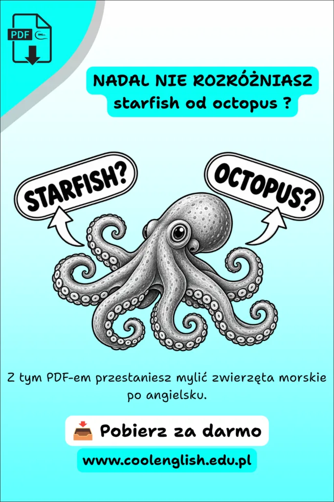 Ośmiornica z napisami „starfish?” i „octopus?” na grafice promującej darmowy PDF do nauki nazw zwierząt morskich po angielsku.