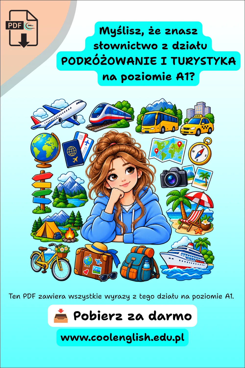 Grafika promująca darmowy PDF ze słownictwem angielskim A1 z działu „Podróżowanie i turystyka”, przedstawiająca dziewczynkę otoczoną ilustracjami samolotu, pociągu, autobusu, taksówki, mapy, kompasu, paszportu, aparatu, gór, namiotu, roweru, walizki, plecaka, plaży i statku.