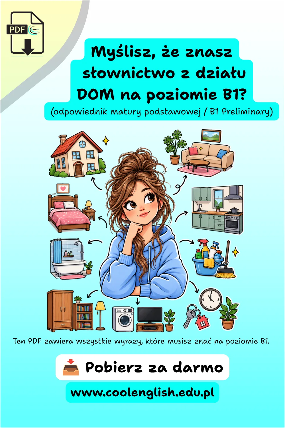 Dziewczynka otoczona ilustracjami przedmiotów związanych z domem – słownictwo angielskie A2, darmowy PDF