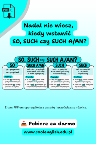 Grafika promująca darmowy PDF SO, SUCH czy SUCH A/AN z krótką teorią, przykładami oraz informacją o możliwości pobrania materiału za darmo.