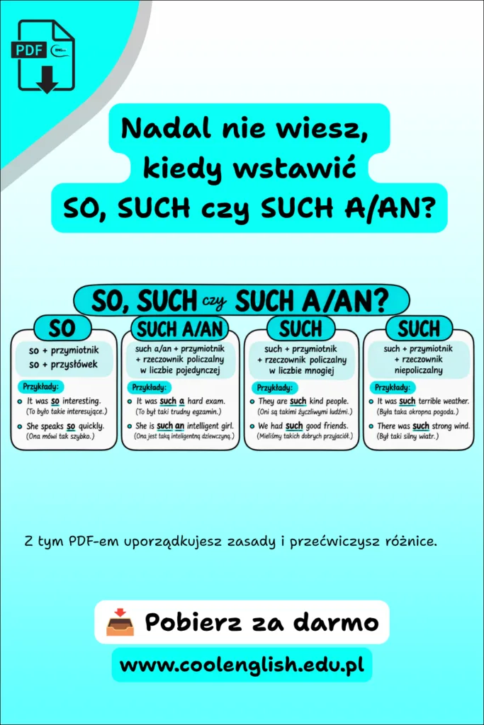 Grafika promująca darmowy PDF SO, SUCH czy SUCH A/AN z krótką teorią, przykładami oraz informacją o możliwości pobrania materiału za darmo.