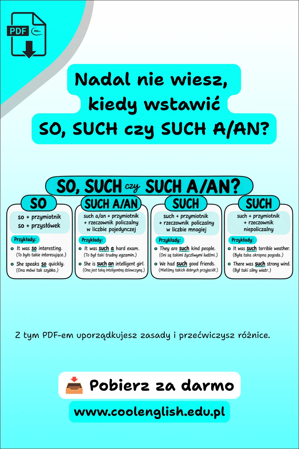 Grafika promująca darmowy PDF SO, SUCH czy SUCH A/AN z krótką teorią, przykładami oraz informacją o możliwości pobrania materiału za darmo.