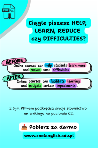 Grafika Writing C2 z przykładem BEFORE i AFTER pokazującym zamianę prostych słów help, learn more, reduce, difficulties na bardziej zaawansowane facilitate, learning, mitigate, impediments.