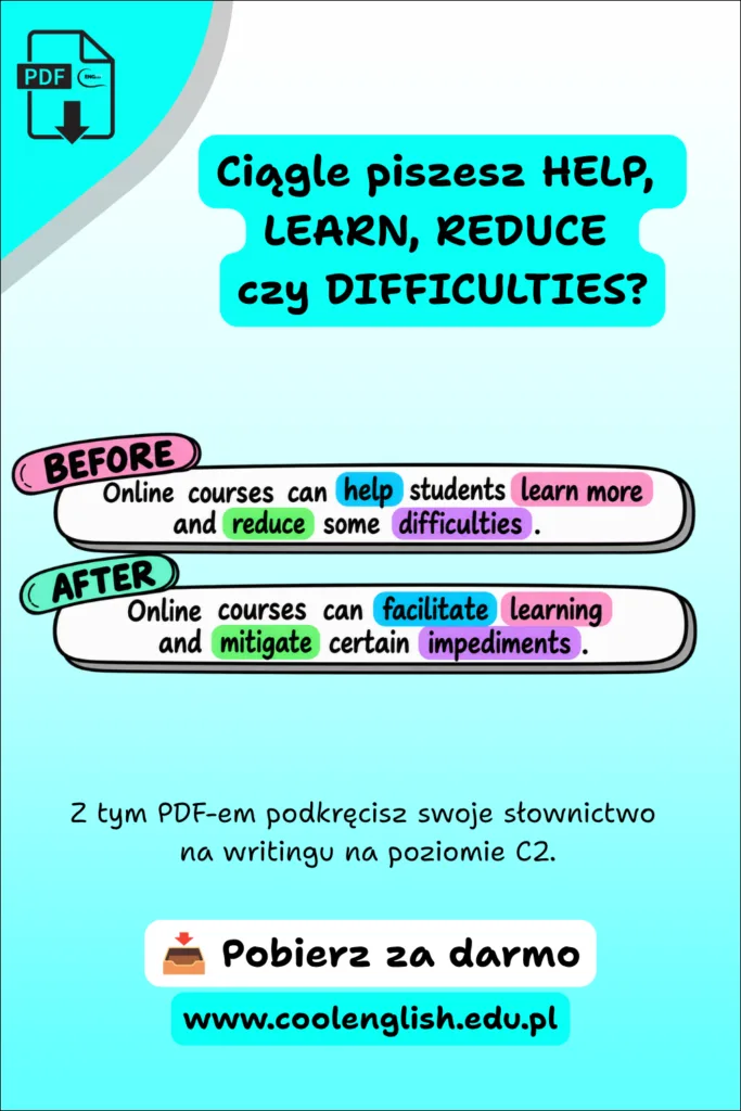 Grafika Writing C2 z przykładem BEFORE i AFTER pokazującym zamianę prostych słów help, learn more, reduce, difficulties na bardziej zaawansowane facilitate, learning, mitigate, impediments.